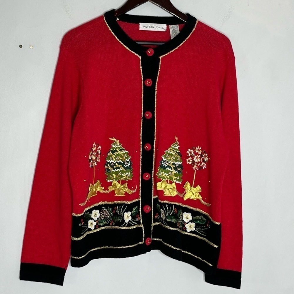 Vintage Victoria Jones Size Large Christmas Red Sweater Cotton Ramie Cardigan